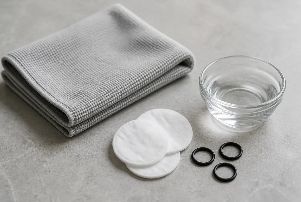Microfibre cloth, a bowl of water, cotton pads and seals laid out for cleaning a vape tank