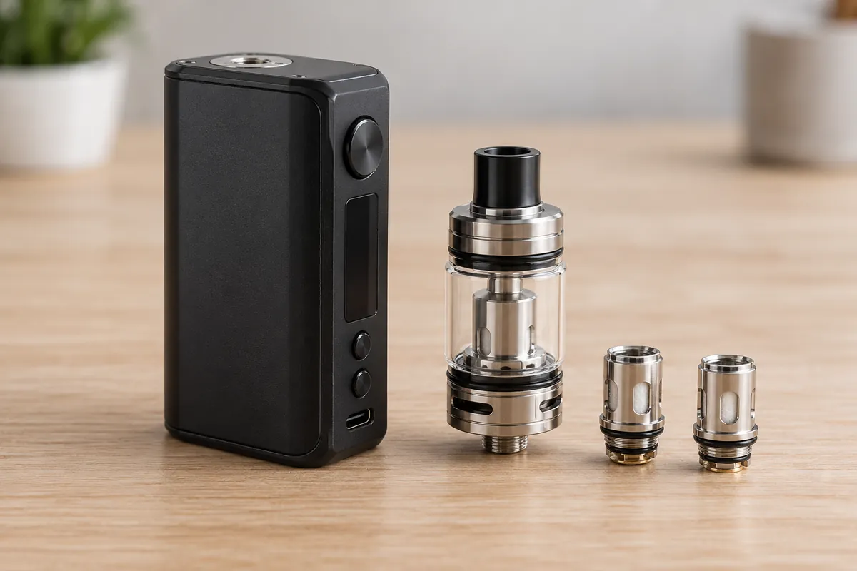 Dark box mod resting on a pale worktop next to a glass vape tank and spare coils